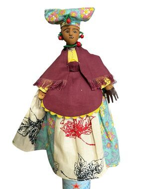 VTG Handmade Folk Art Cloth Bottle Cover Doll Yarn  Fabric Wine Bottle Topper